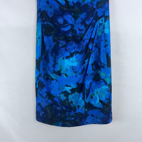 Ralph Lauren Womens 10 Blue Floral Cowl Drape Neck Side Ruched Sleeveless Dress - Picture 4 of 7